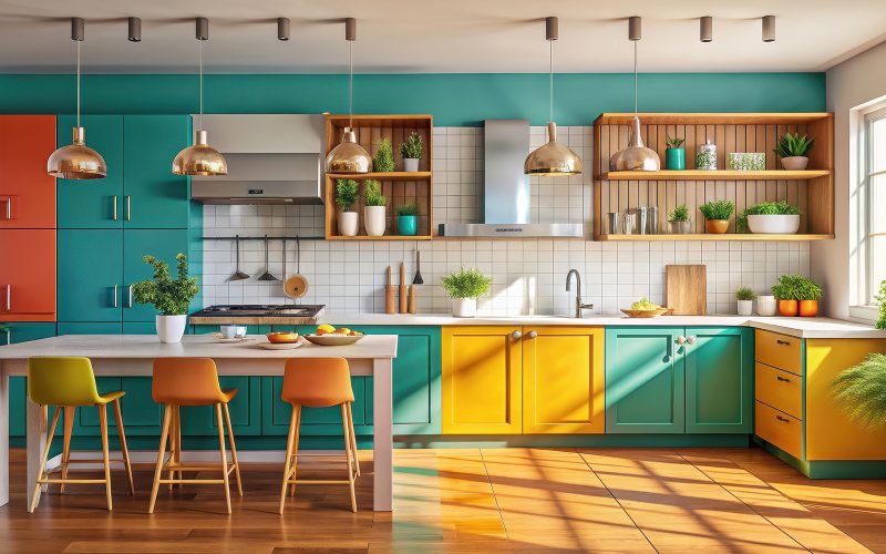 Stylish eclectic kitchen featuring mixed materials and vibrant c
